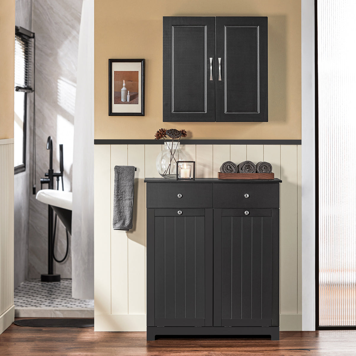 SoBuy BZR33-W Badkamerkast Opbergkist Met 2 Lades En 2 Wasmanden Waskast Laundry Hamper Wit Breedte 78cm