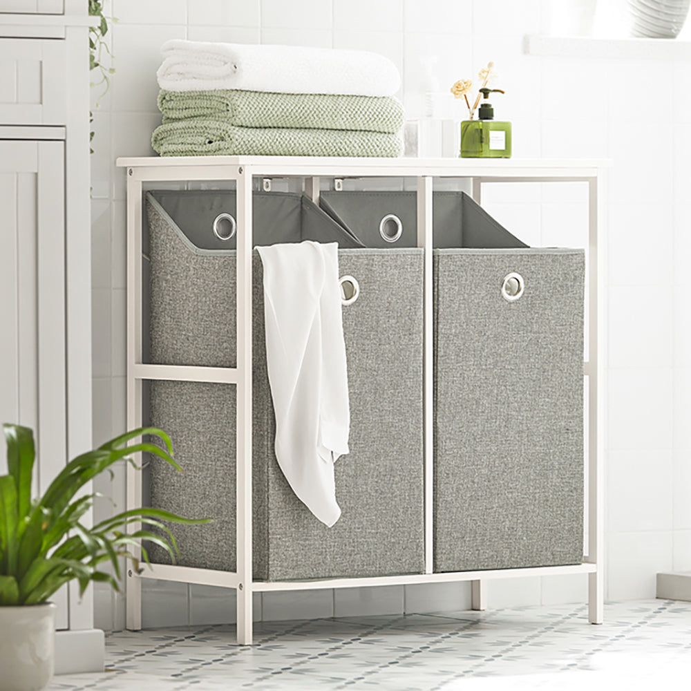 SoBuy Vrijstaande Wasmand, Wasmand voor vuile was in de wasruimte, met Legplank, 2 Compartimenten en 2 Verwijderbare Linnenzakken, 77x38x80cm, Wit en Grijs, BZR57-W