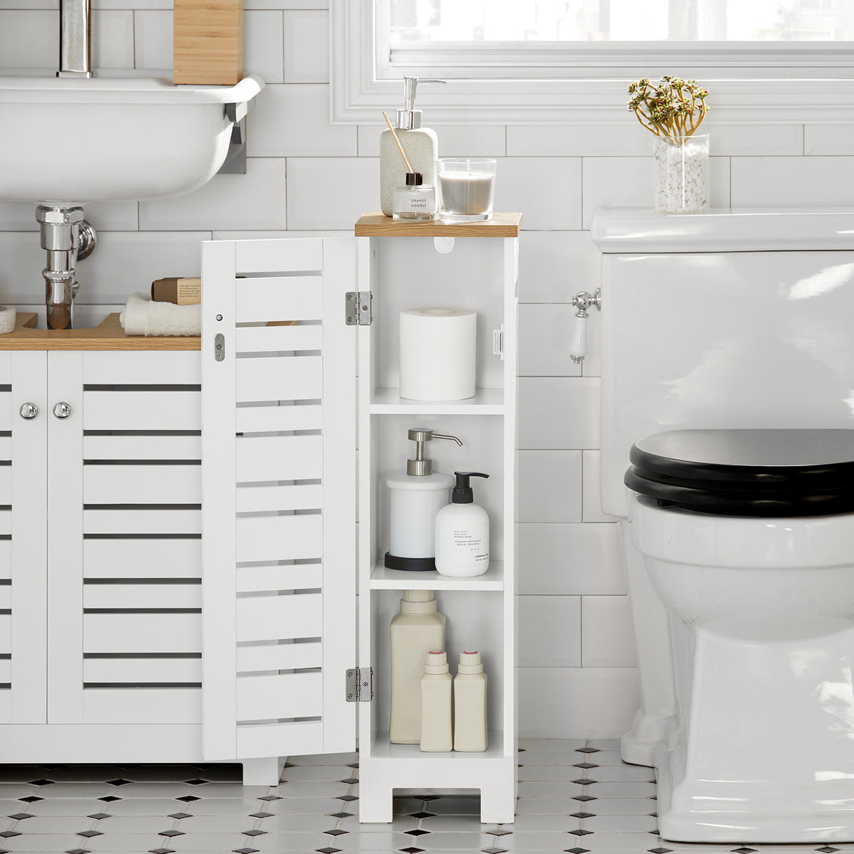 SoBuy BZR43-W badkamer hoge kast badkamerkast badrek badkamerkast met 3 open vakken en lamellendeur wit-natuur BHT ca: 40x160x30cm
