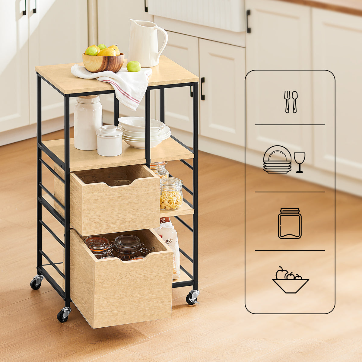 SoBuy FKW52-WN Keukentrolley Serveertrolley Opvouwbare Trolley - praktisch - wielen - hout