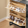 SoBuy FSR203-N Smalle schoenenkast voor entree, schoenenkast met 2 kleppen en zijdeur, schoenenopslag, Scandinavisch design, compact, zwart, licht hout, 90 x 24 x 88 cm