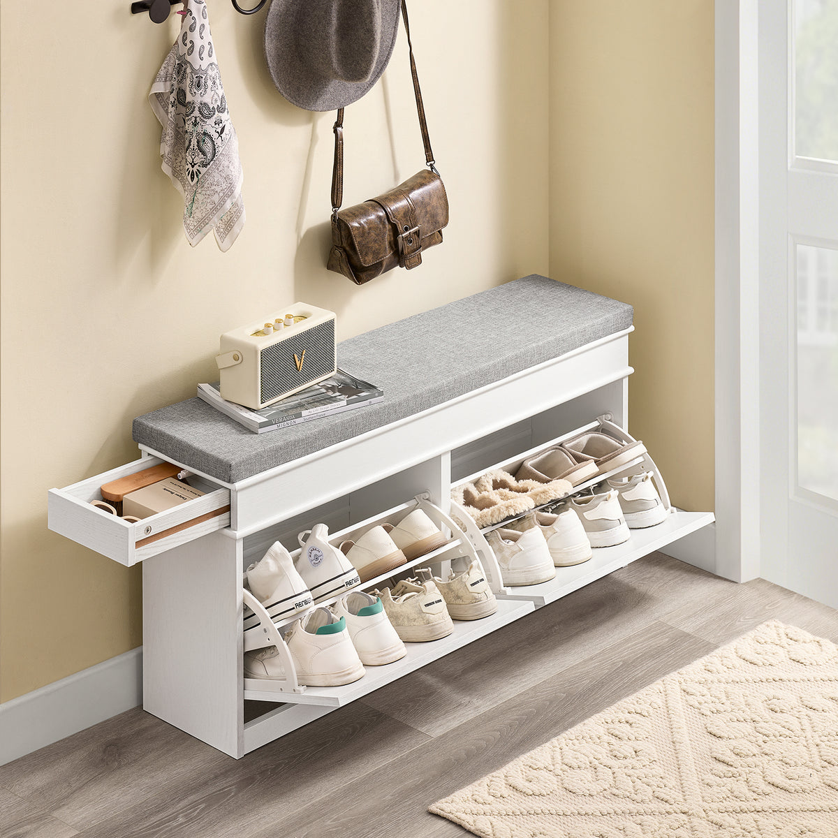 Pre-order FSR94-WG Schoenenkast Met 3 Kleppen, Schoenenkast Voor Entree Schoenenkast Schoenenrek 12 Paar Voor Hal Entree 53 X 24 X 118 Cm Verouderd Houteffect Wit Fsr94 Wg