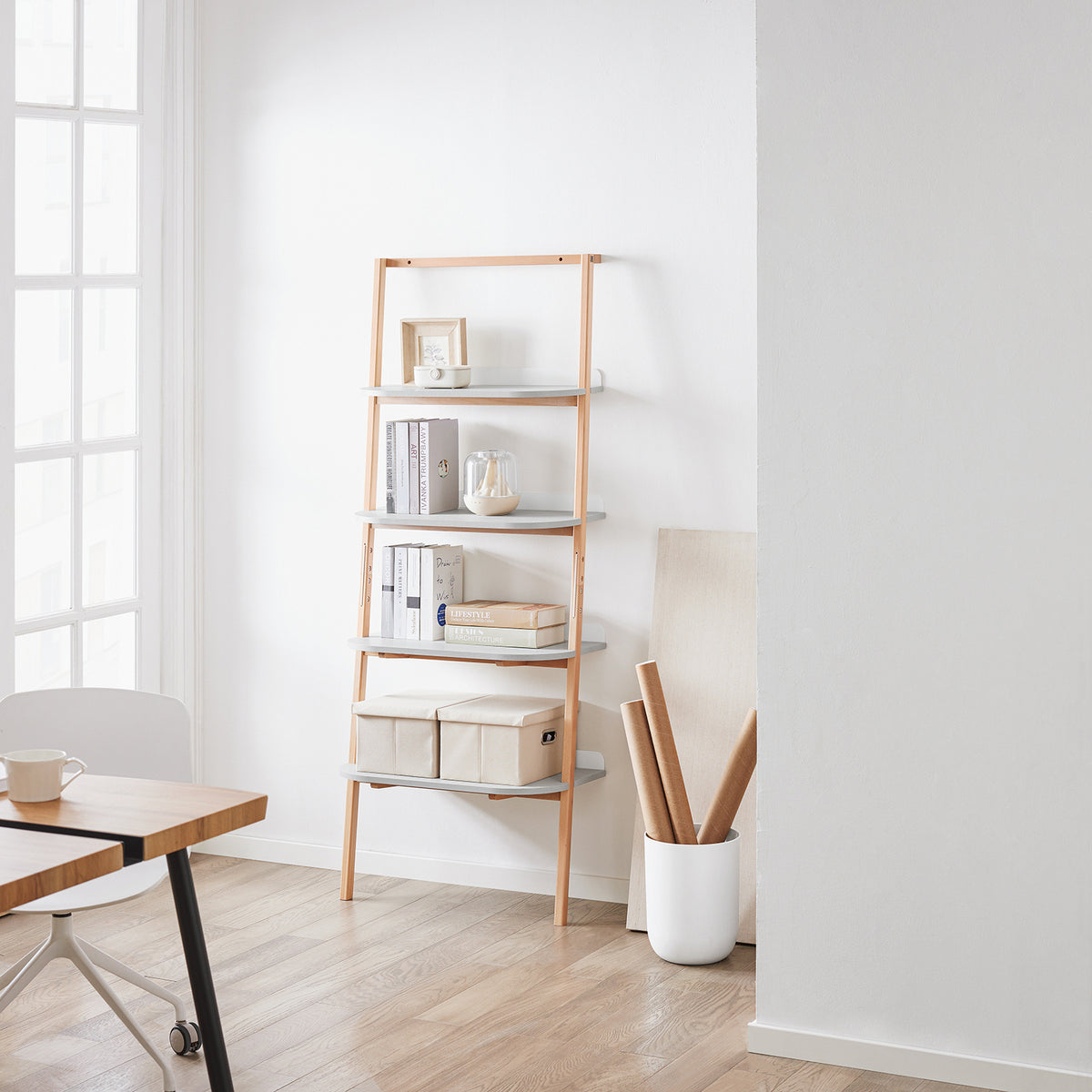 SoBuy FRG162-N Ladderrek Opbergplank Ladderplank Opvouwbaar Boekenplank met 4 planken - Rubberhout