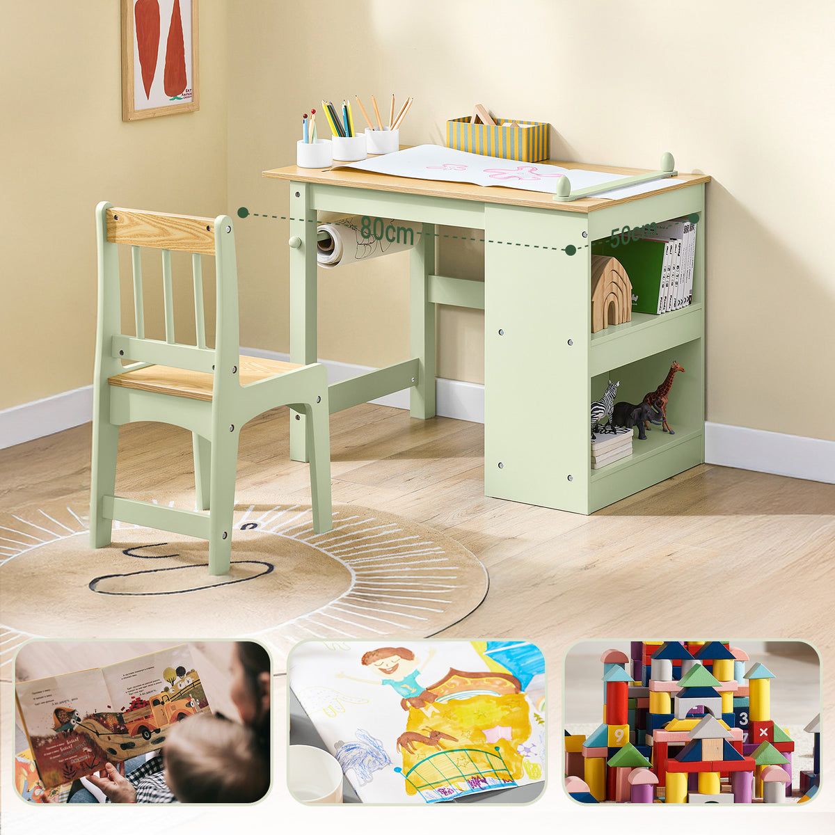 SoBuy Kinderbureauset Kindertafel en Stoel Set Peuters Tafel Kindertafel Kinderstudietafel Kleurtafel met 2 Planken, 1 Papierrolhouder en 3 Pennenvakken, Kindermeubels, Wit, Hout, KMB60-W