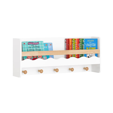 SoBuy KMB78-W Wandplank voor Kinder, Hangende Opbergplank, Kinderkapstok, Boekenplank, Wand Boekenkast met 1 Plank en 5 Haken voor Kinderkamer