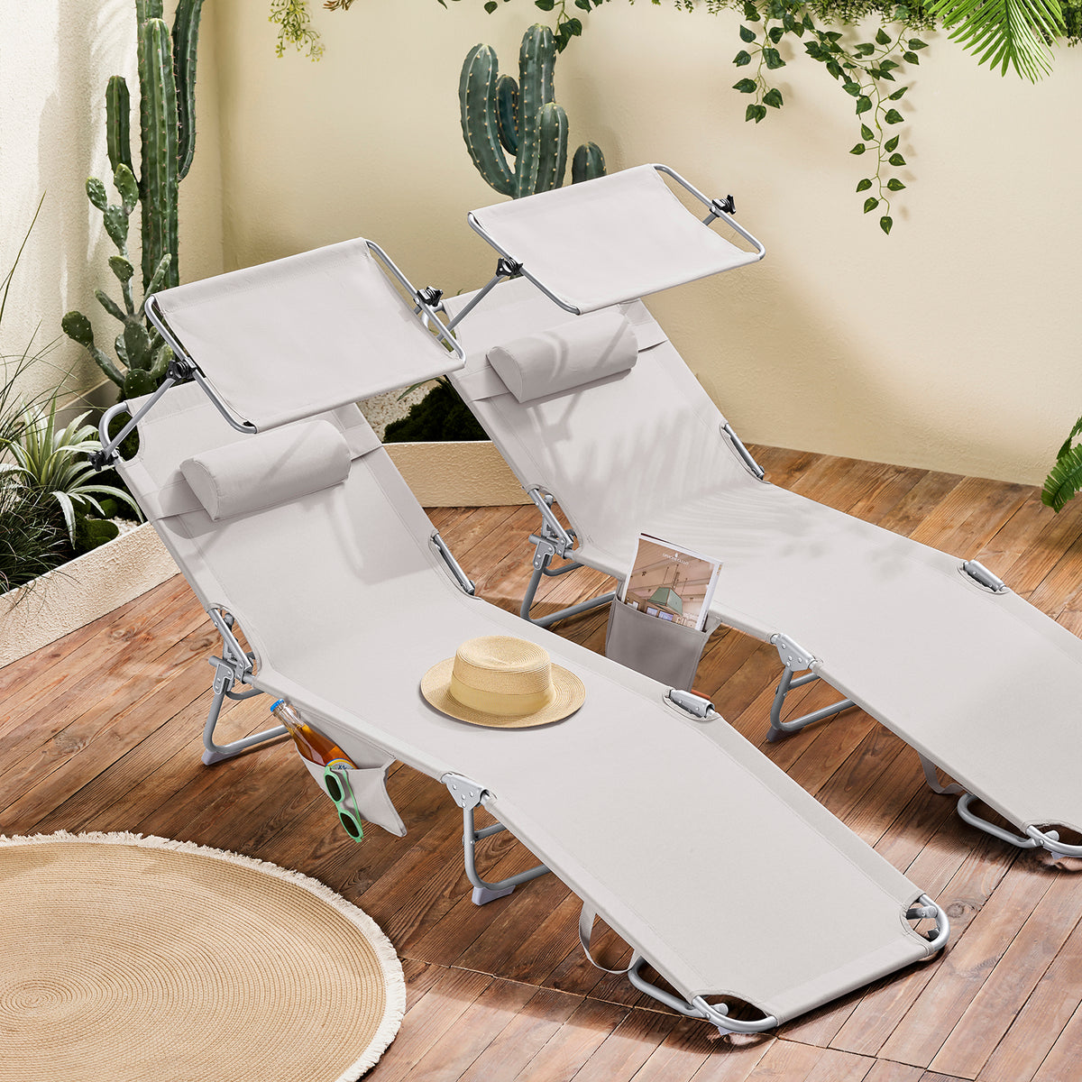 Set van 2 Opvouwbare Ligstoelen, Verstelbare Lounge Stoelen met Set van 2 Opvouwbare Ligstoelen, Verstelbare Lounge Stoelen met