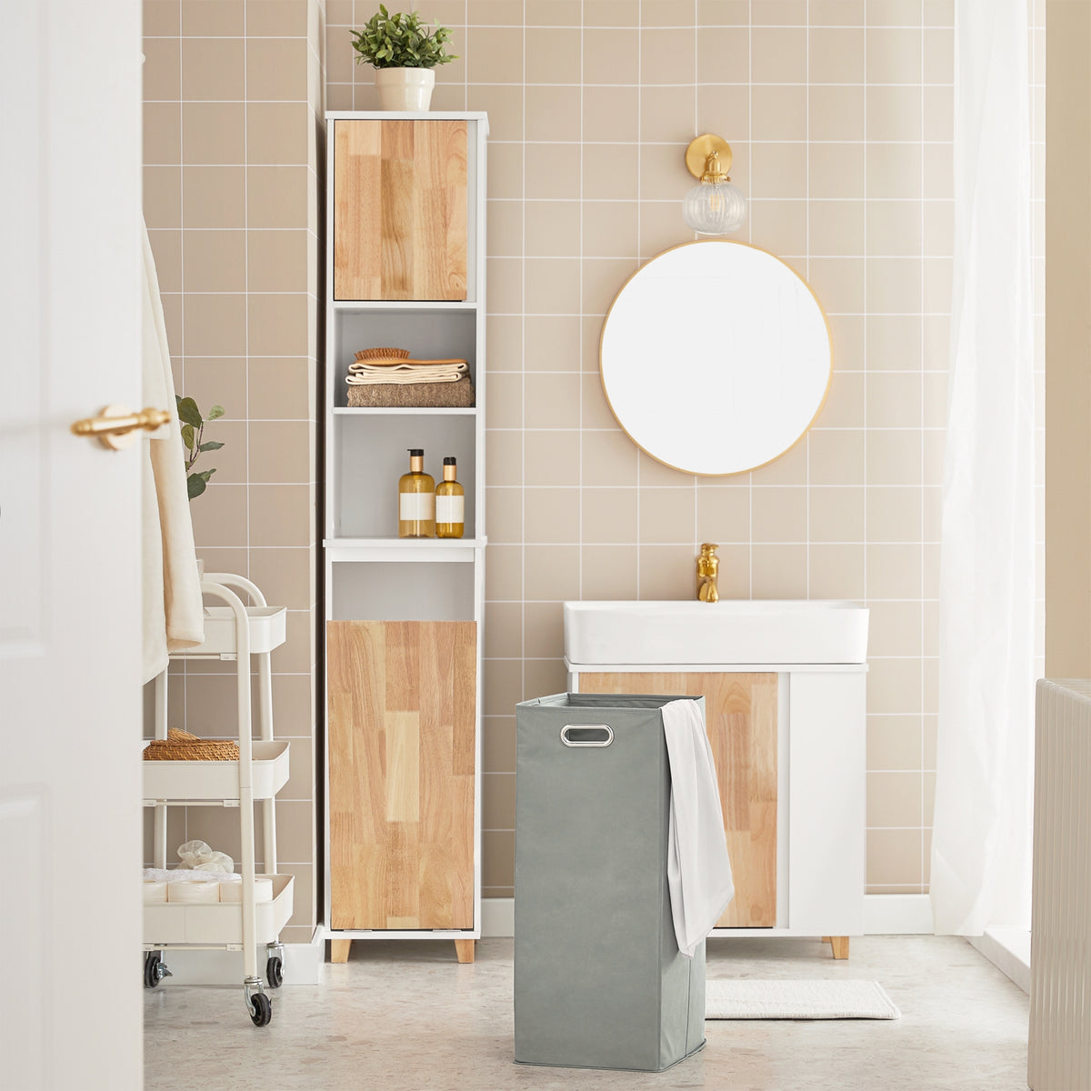 SoBuy Smalle Badkamerkast met Wasmand – Slanke Wasgoedkast met Lade en Uitneembare Waszak, Ruimtebesparende Opbergkast in MDF, 40x90x38cm, Wit, BZR21-W