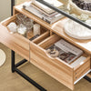 SoBuy FSB54-N Consoletafel, Haltafel, Bijzettafel, Sidetable, Opbergplank met 2 Lades, Helder Glazen Oppervlak, Metalen Frame, Hout Kleu