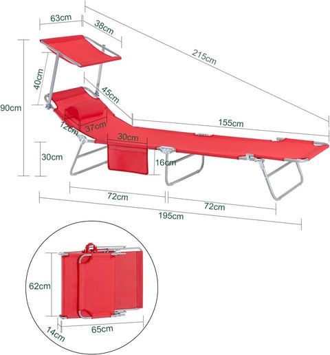 SoBuy OGS48-R | Ligstoel | Tuinstoel | Opvouwbaar | Verstelbaar | met Verstelbaar Zonnedak, Hoofdsteun en Zijzak | Rood