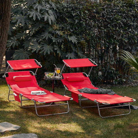 SoBuy OGS48-R | Ligstoel | Tuinstoel | Opvouwbaar | Verstelbaar | met Verstelbaar Zonnedak, Hoofdsteun en Zijzak | Rood