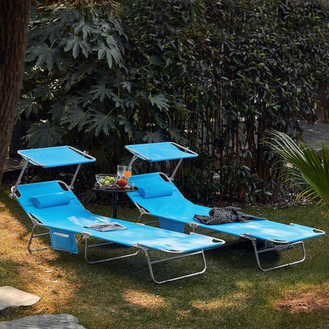 SoBuy OGS48-Bx2 Set van 2 Ligbed Tuin Strand Draagbaar Ligstoel met Afneembaar Kussen en Verstelbaar Zonnedak Tuinligstoel met Zijvak - Blauw