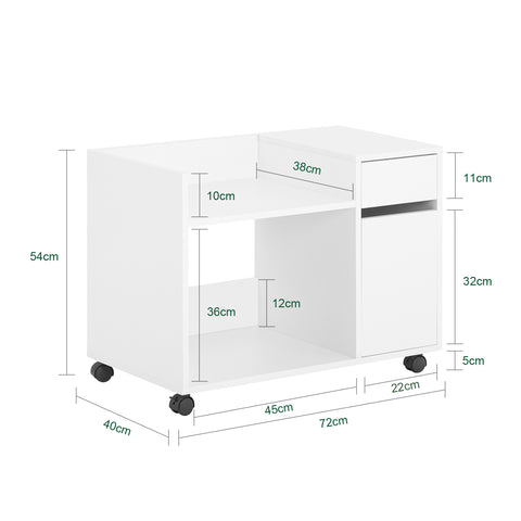 SoBuy ASK02-W Bureaukast met wieltjes, rolprinterhouder, organizer voor kantoor, opbergkast met laden, 72 x 40 x 54 cm, wit