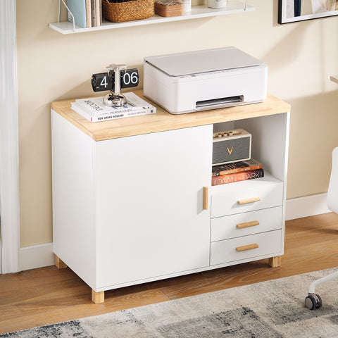 SoBuy ASK07-WN Printertafel, archiefkast, keukenkast, dressoir, buffet, opbergkast, commode, wit-naturel, BHT ca. 90 x 75 x 45 cm
