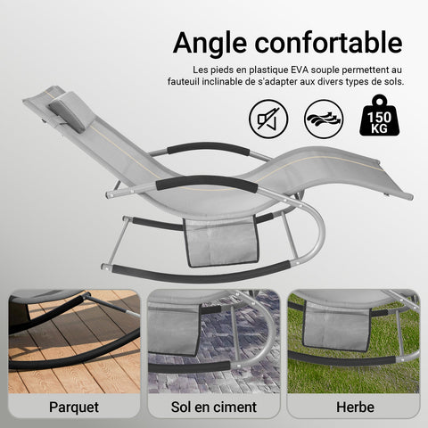 SoBuy OGS28-HG | Ligstoel | Tuinstoel | Swingstoel | Schommelstoel | Ergonomische | met Verstelbare Hoofdsteun en Zijzak | Grijs