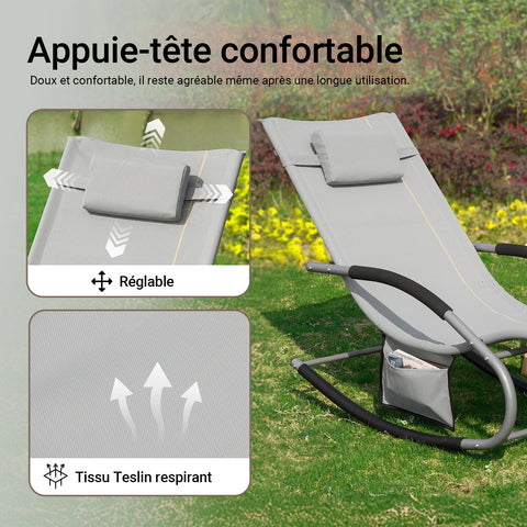 SoBuy OGS28-HG | Ligstoel | Tuinstoel | Swingstoel | Schommelstoel | Ergonomische | met Verstelbare Hoofdsteun en Zijzak | Grijs