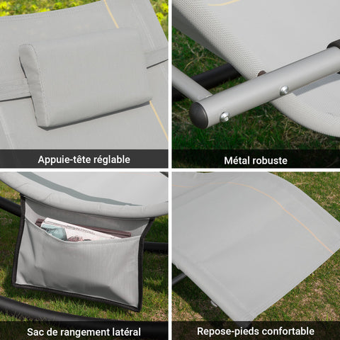 SoBuy OGS28-HG | Ligstoel | Tuinstoel | Swingstoel | Schommelstoel | Ergonomische | met Verstelbare Hoofdsteun en Zijzak | Grijs