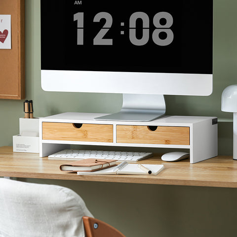 SoBuy BBF02-WN Monitorstandaard, monitorverhoging, monitorstandaard met 2 laden
