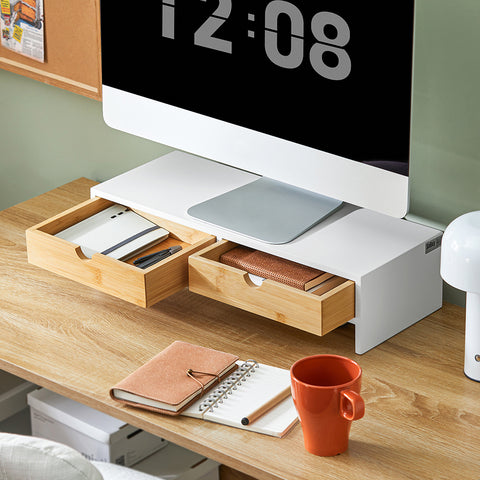 SoBuy BBF02-WN Monitorstandaard, monitorverhoging, monitorstandaard met 2 laden