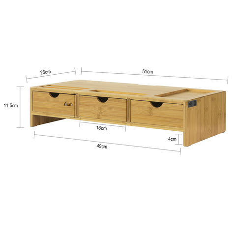 SoBuy BBF03-N Monitorstandaard Bureau-organizer met 3 Laden - Bamboe hout