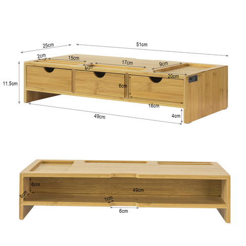 SoBuy BBF03-N Monitorstandaard Bureau-organizer met 3 Laden - Bamboe hout