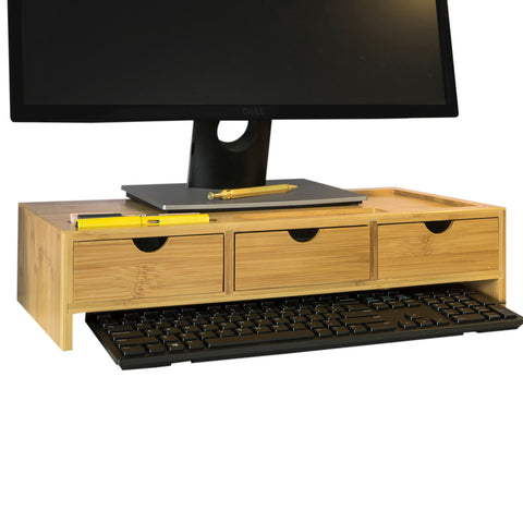SoBuy BBF03-N Monitorstandaard Bureau-organizer met 3 Laden - Bamboe hout