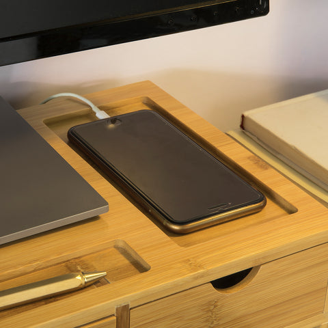 SoBuy BBF03-N Monitorstandaard Bureau-organizer met 3 Laden - Bamboe hout