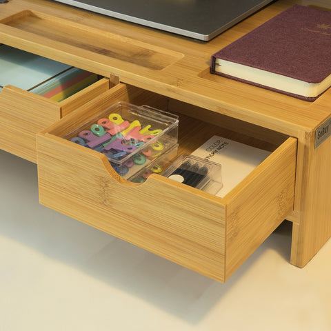 SoBuy BBF03-N Monitorstandaard Bureau-organizer met 3 Laden - Bamboe hout