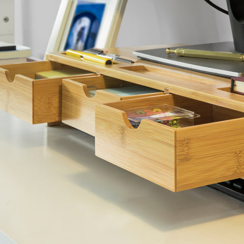 SoBuy BBF03-N Monitorstandaard Bureau-organizer met 3 Laden - Bamboe hout