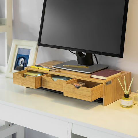 SoBuy BBF03-N Monitorstandaard Bureau-organizer met 3 Laden - Bamboe hout