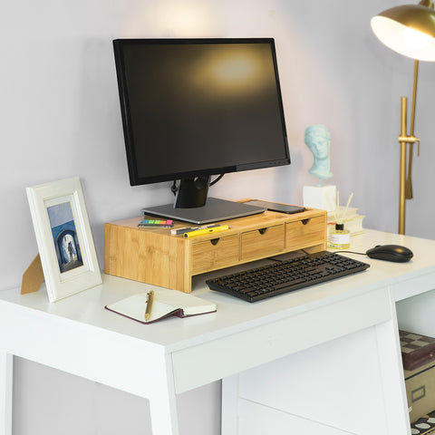 SoBuy BBF03-N Monitorstandaard Bureau-organizer met 3 Laden - Bamboe hout
