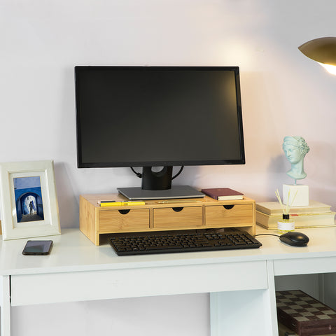 SoBuy BBF03-N Monitorstandaard Bureau-organizer met 3 Laden - Bamboe hout