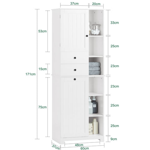 SoBuy BZR104-W Badkamer Kolomkast - Badkamerkast - Hoge Kast - Staande Kolomkast  met 2 Deuren en 2 Lades
