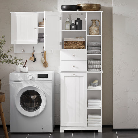 SoBuy BZR104-W Badkamer Kolomkast - Badkamerkast - Hoge Kast - Staande Kolomkast  met 2 Deuren en 2 Lades