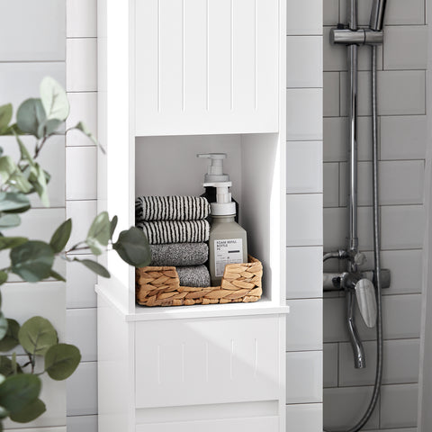 SoBuy BZR109-W Badkamer Kolomkast - Badkamerkast met Kantelbare Wasmand - Hoge Kast - Staande Kolomkast