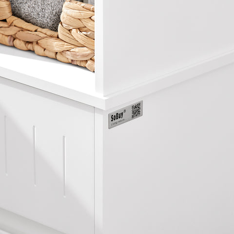 SoBuy BZR109-W Badkamer Kolomkast - Badkamerkast met Kantelbare Wasmand - Hoge Kast - Staande Kolomkast