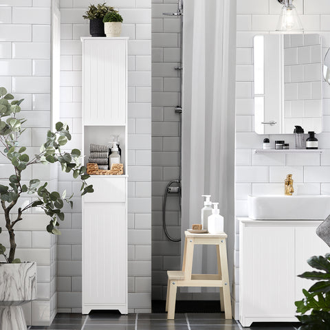 SoBuy BZR109-W Badkamer Kolomkast - Badkamerkast met Kantelbare Wasmand - Hoge Kast - Staande Kolomkast