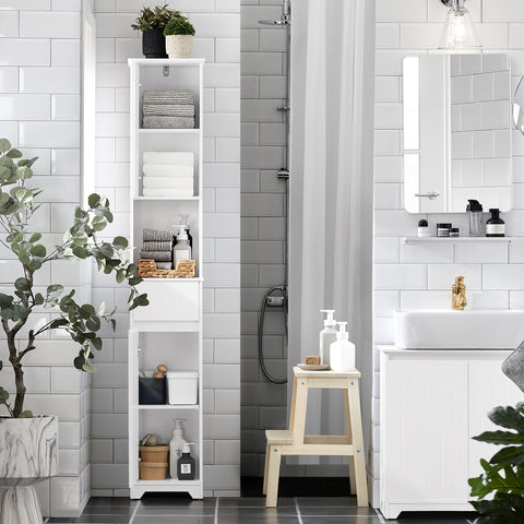 SoBuy BZR109-W Badkamer Kolomkast - Badkamerkast met Kantelbare Wasmand - Hoge Kast - Staande Kolomkast