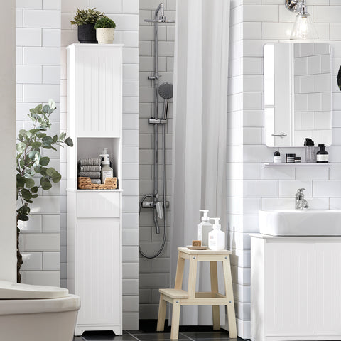 SoBuy BZR109-W Badkamer Kolomkast - Badkamerkast met Kantelbare Wasmand - Hoge Kast - Staande Kolomkast