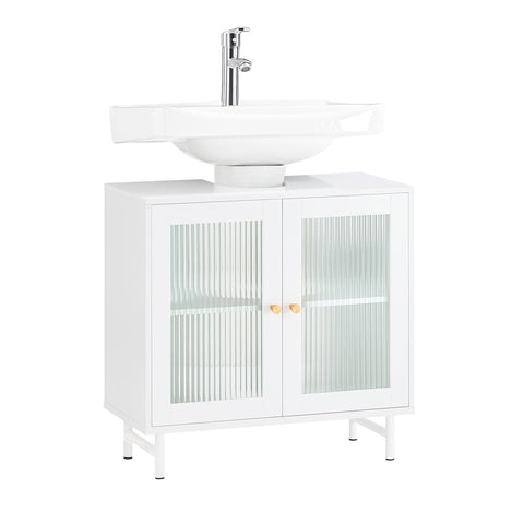 SoBuy BZR115-II-W Onderkast voor wastafel, badkamer, spoelbak, opbergkast voor wastafel op poten met 2 glazen deuren