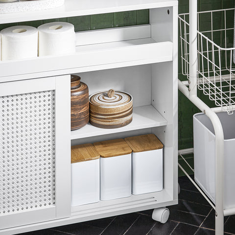 SoBuy BZR119-W Lage Kast, Badkamer Kast, Smalle Badkamerkast, Toiletkast, Toiletpapierhouder