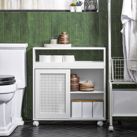 SoBuy BZR119-W Lage Kast, Badkamer Kast, Smalle Badkamerkast, Toiletkast, Toiletpapierhouder