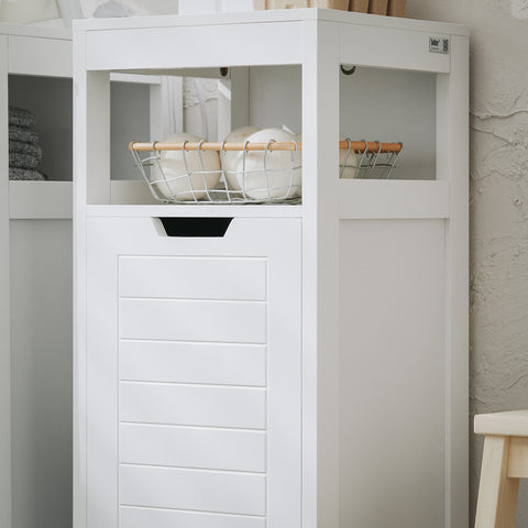 SoBuy BZR122-W Badkamerkast, Lage Kast, Smal Badkamerkastje, Badkamermeubel met 1 Kantelbare Wasmand
