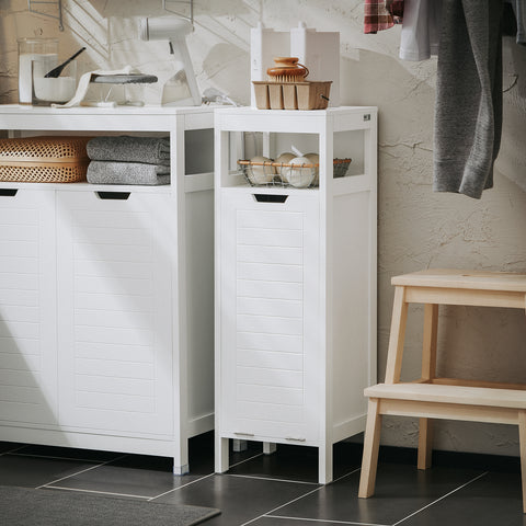 SoBuy BZR122-W Badkamerkast, Lage Kast, Smal Badkamerkastje, Badkamermeubel met 1 Kantelbare Wasmand