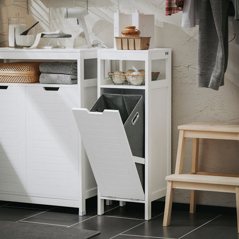 SoBuy BZR122-W Badkamerkast, Lage Kast, Smal Badkamerkastje, Badkamermeubel met 1 Kantelbare Wasmand