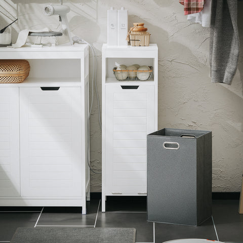 SoBuy BZR122-W Badkamerkast, Lage Kast, Smal Badkamerkastje, Badkamermeubel met 1 Kantelbare Wasmand