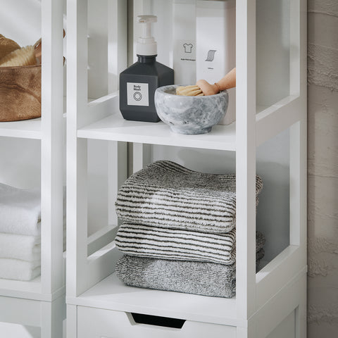 SoBuy BZR123-W Badkamer Kolomkast, Badkamerkast, Hoge Kast, Staande Kolomkast, Opbergkast Opbergplank met 2 Planken en 1 Wasmand