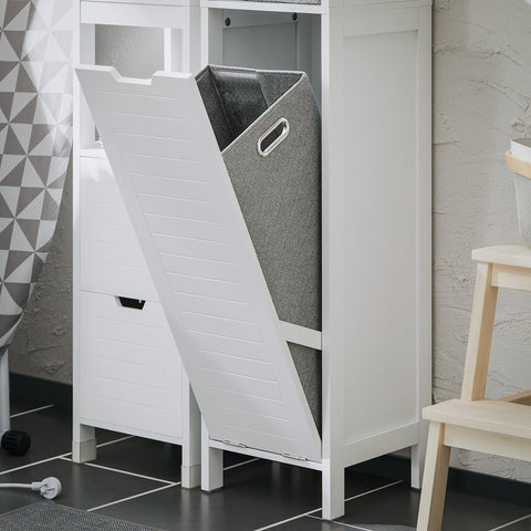SoBuy BZR123-W Badkamer Kolomkast, Badkamerkast, Hoge Kast, Staande Kolomkast, Opbergkast Opbergplank met 2 Planken en 1 Wasmand