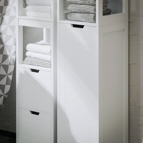 SoBuy BZR123-W Badkamer Kolomkast, Badkamerkast, Hoge Kast, Staande Kolomkast, Opbergkast Opbergplank met 2 Planken en 1 Wasmand