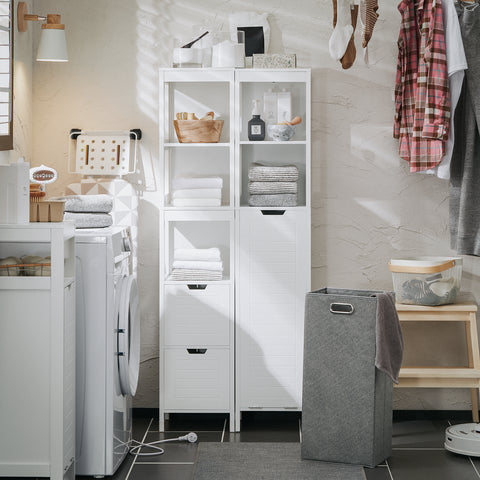 SoBuy BZR123-W Badkamer Kolomkast, Badkamerkast, Hoge Kast, Staande Kolomkast, Opbergkast Opbergplank met 2 Planken en 1 Wasmand