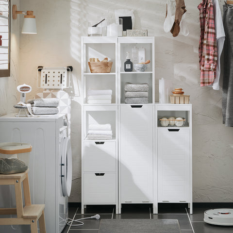 SoBuy BZR123-W Badkamer Kolomkast, Badkamerkast, Hoge Kast, Staande Kolomkast, Opbergkast Opbergplank met 2 Planken en 1 Wasmand
